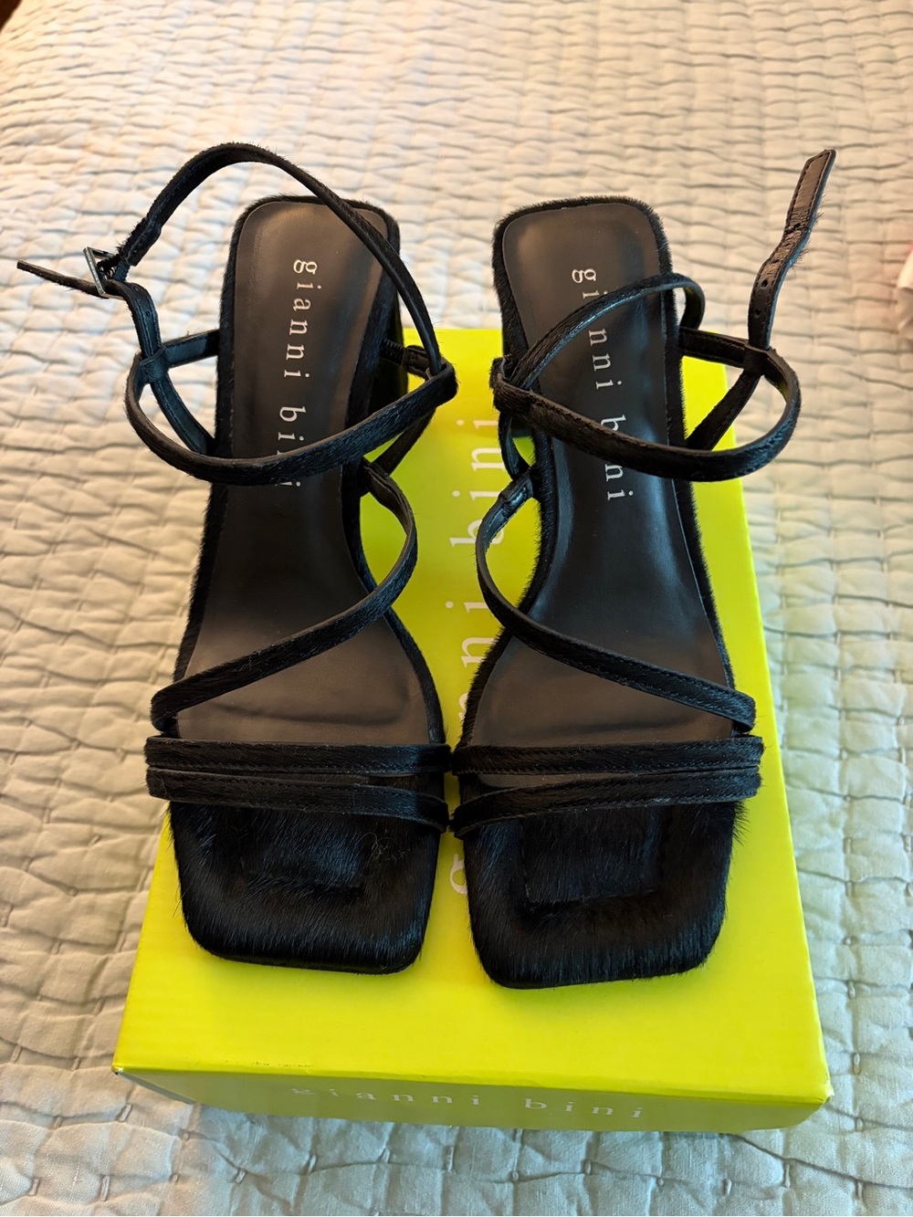Gianni Bini Black Strappy Pony Hair Square-Toe Heeled Sandals